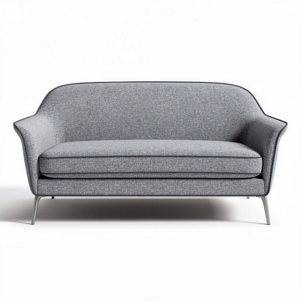 Two-seater sofa in grey fabric with metal legs for living room use
