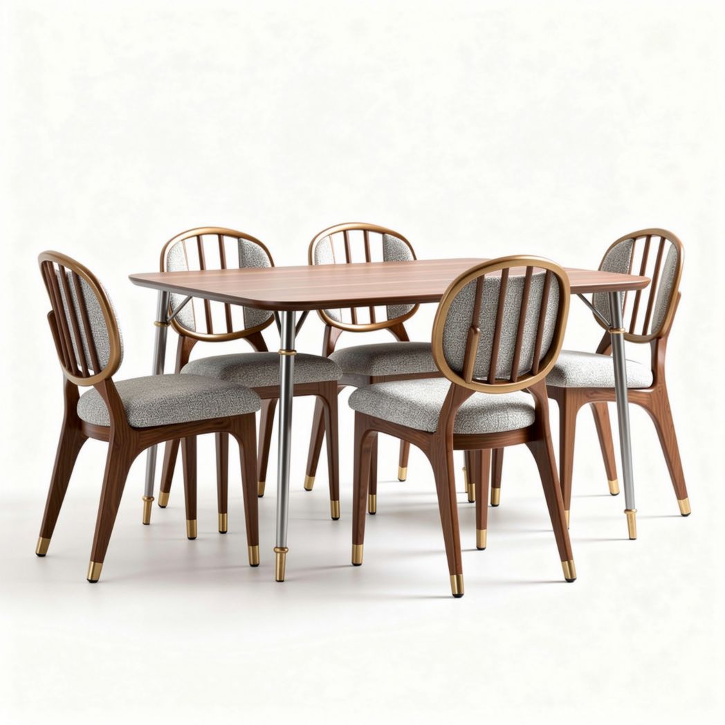 Wooden dining table set with upholstered chairs in walnut finish 180 x 90 x 75cm