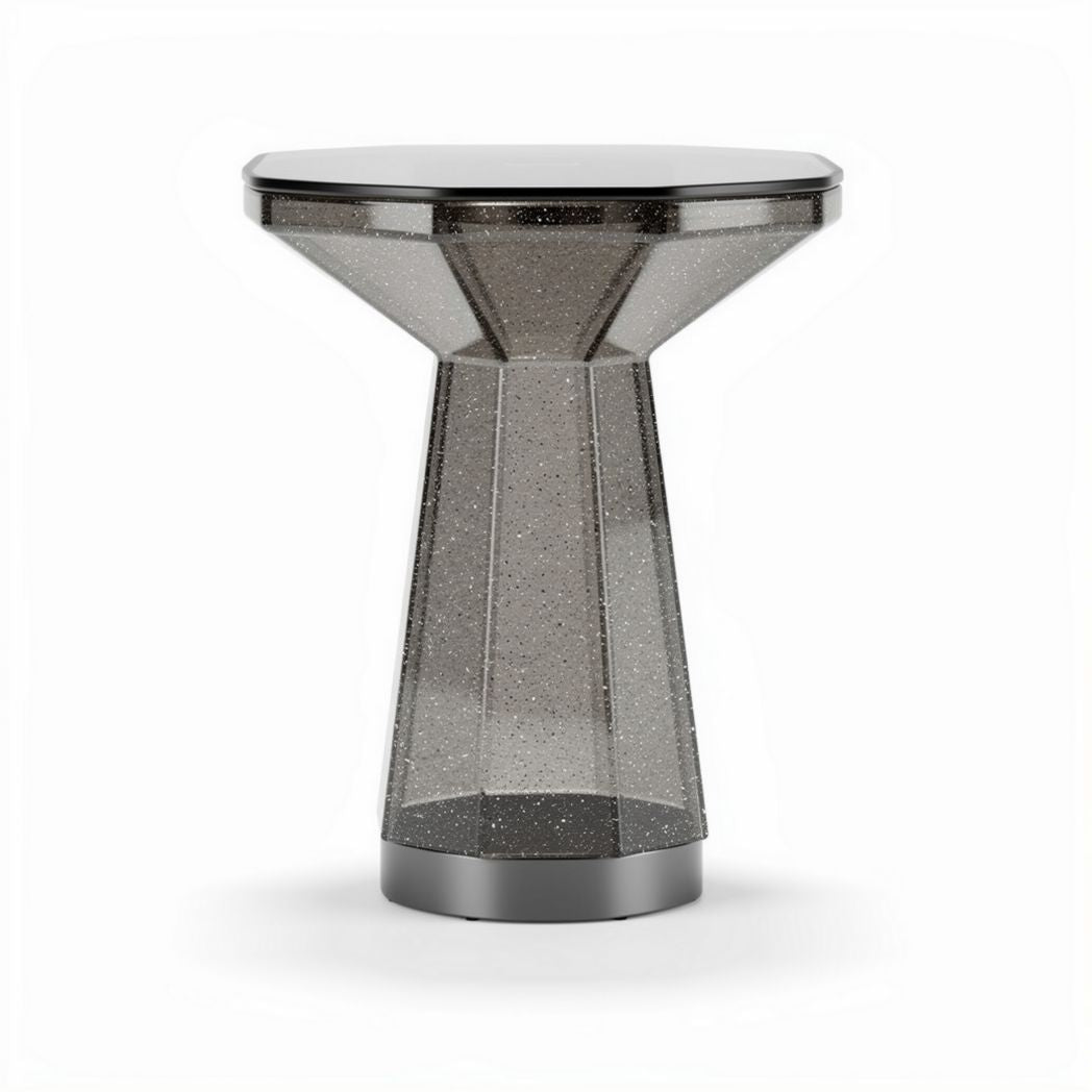 Glass accent table with geometric design in silver finish 30 x 30 x 45cm