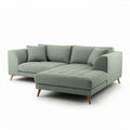 Light green fabric sectional sofa with wooden legs and plush cushions 200 x 90 x 85cm