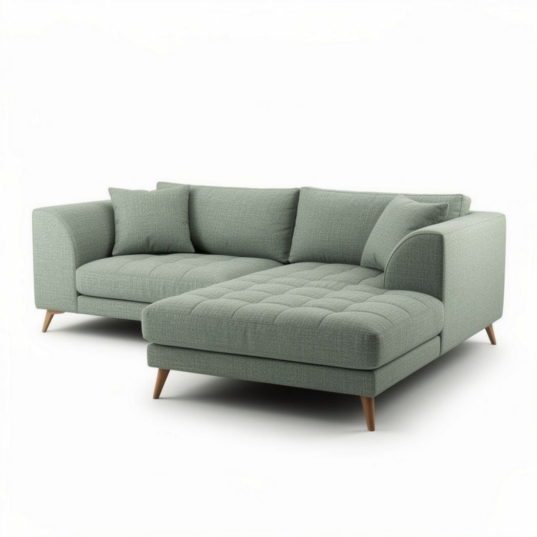 Light green fabric sectional sofa with wooden legs and plush cushions 200 x 90 x 85cm