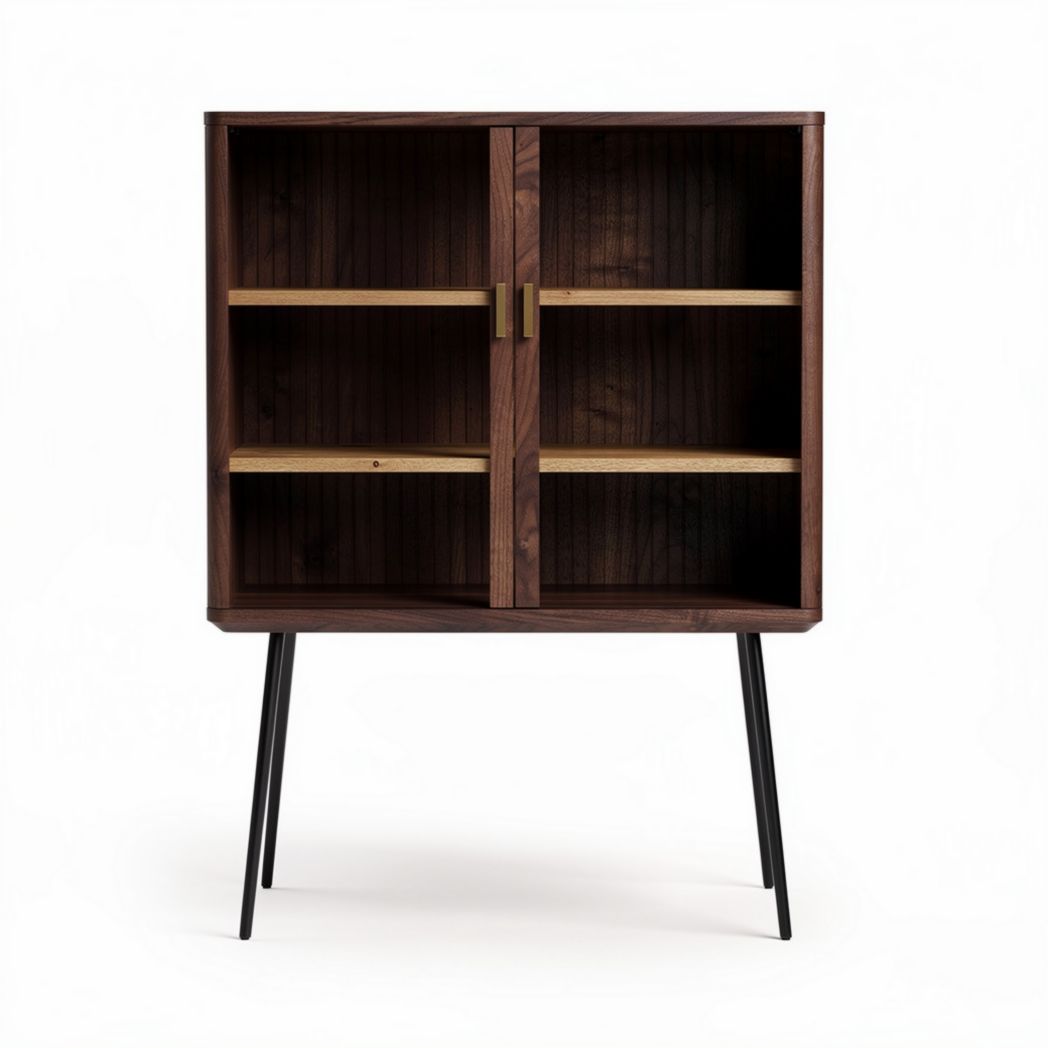Wooden cabinet with sliding doors four shelves black metal legs 60 x 40 x 100cm