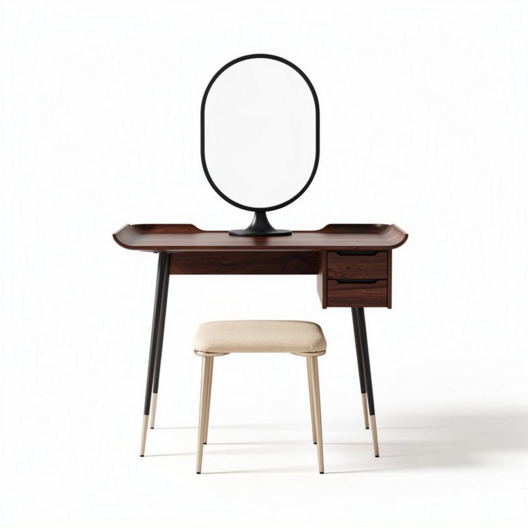 Wooden vanity table with oval mirror and storage drawer in walnut finish