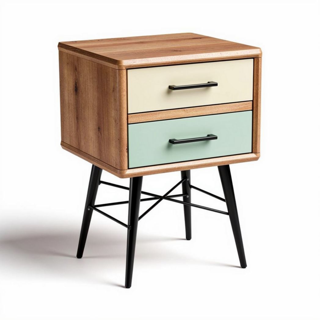 Wooden nightstand with two drawers in natural and pastel colors 45 x 40 x 60cm