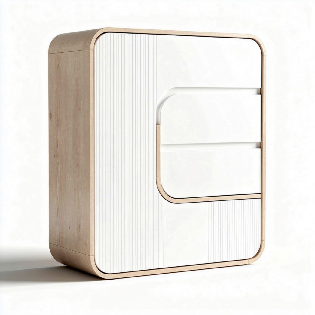 Wooden storage cabinet with abstract design three drawers and open shelf 90 x 60 x 40cm