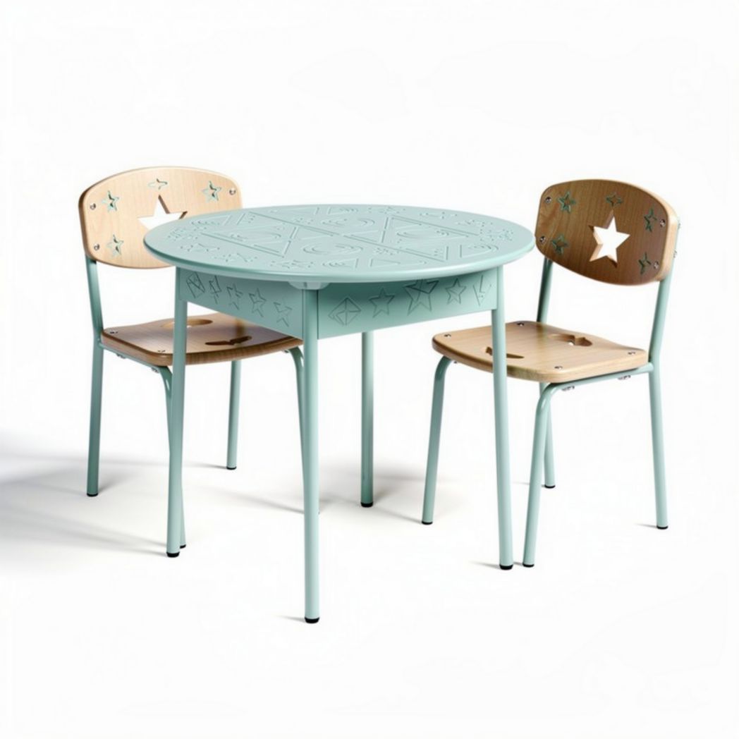 Children's table and chair set made of metal and wood in mint green and natural finish 70 x 70 x 75cm