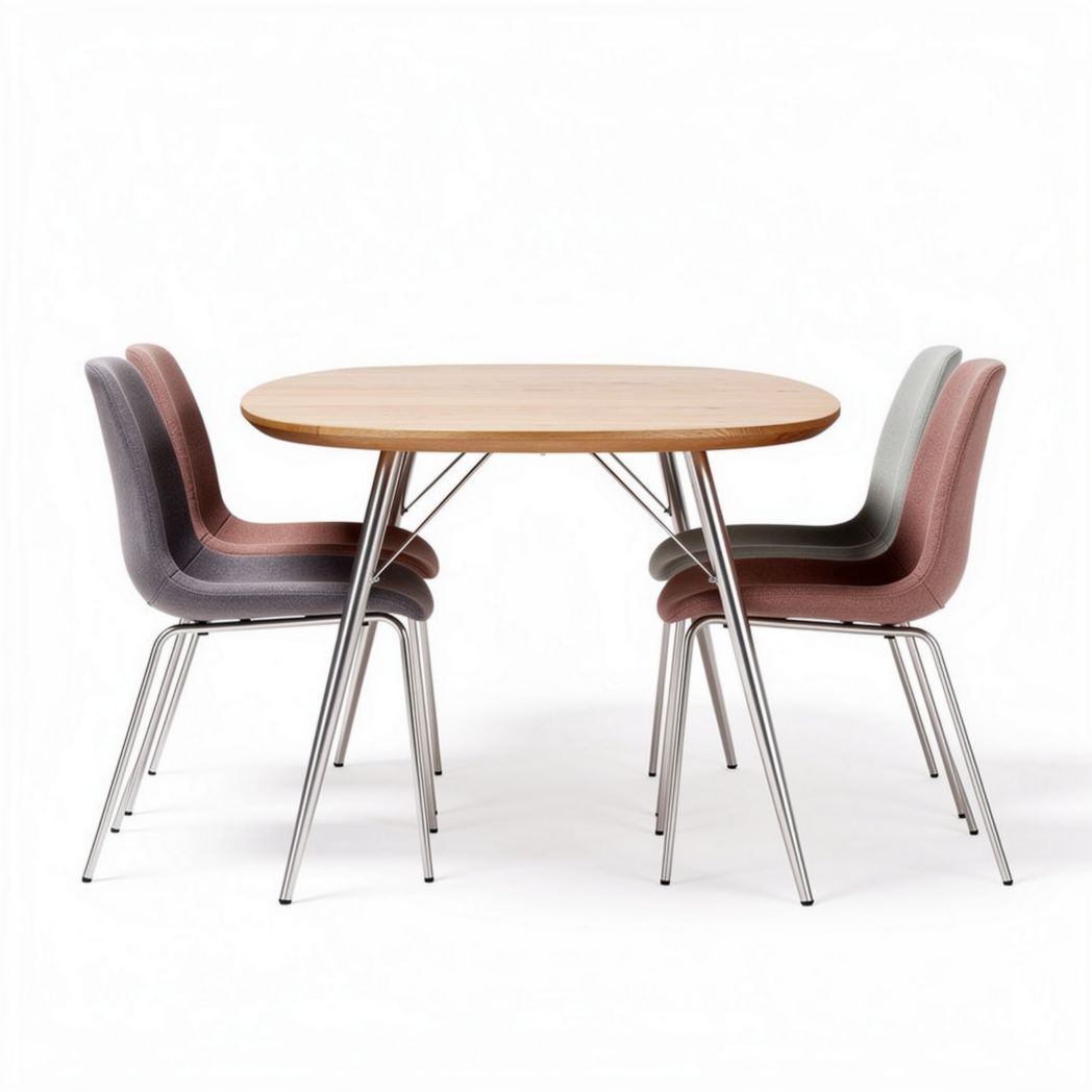 Round wooden dining table with stainless steel legs and four upholstered chairs