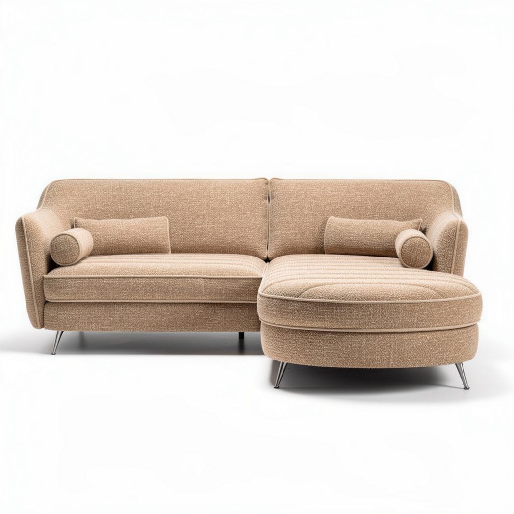 Sectional sofa in light brown fabric with detachable cushions and chrome legs